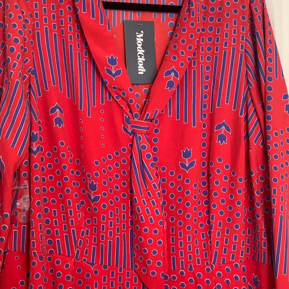 Modcloth Vibrant Red and Blue ‘Pleasant Confidence’ Long Sleeve Dress - Picture 3 of 9